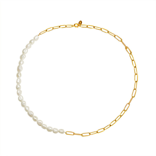 French style fashion versatile necklace freshwater pearl stitching necklace women's titanium steel plated 18K real gold clavicle chain P582