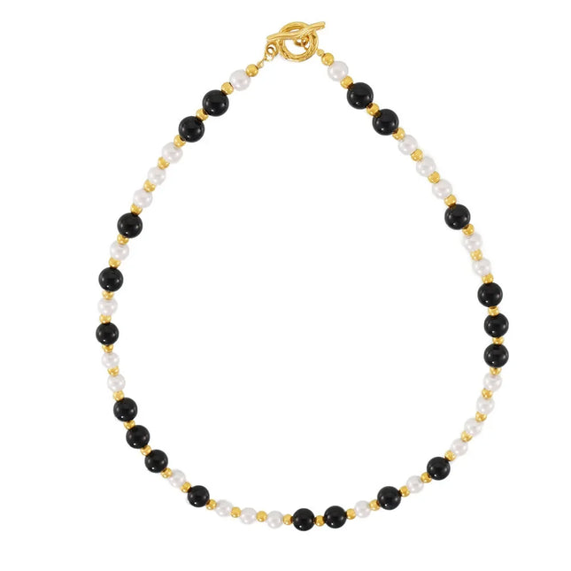 Cross-border light luxury style: black agate, white shell, beaded necklace, clavicle chain, fashionable and versatile temperament, titanium steel OT buckle necklace