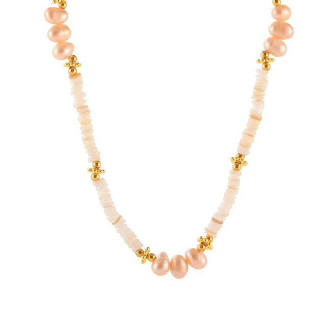 Baroque natural freshwater pearl shell beaded necklace light luxury design titanium steel plated 18k gold clavicle chain