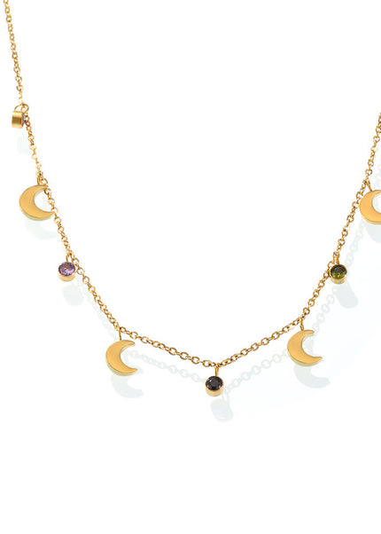 Mysterie multicolor rhinestone tassel moon clavicle necklace plated 18K real gold stainless steel niche new wild accessories
