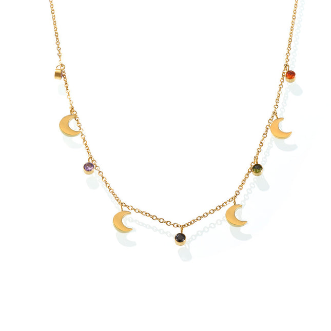 Mysterie multicolor rhinestone tassel moon clavicle necklace plated 18K real gold stainless steel niche new wild accessories