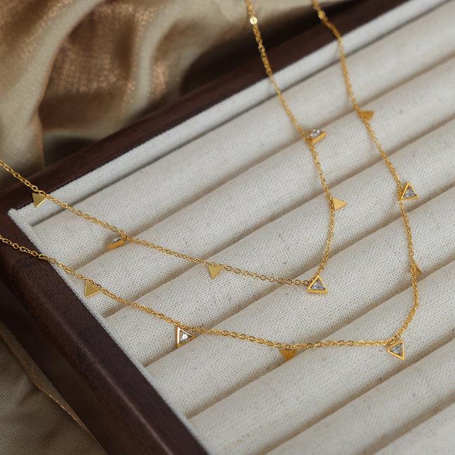 European and American new simple light luxury niche personality triangle diamond clavicle chain versatile titanium steel plated 18K gold necklace women