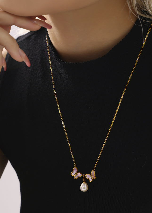 Mystery Stainless Steel Natural Shell Double Butterfly Set Diamond Shell Bead Clavicle Necklace PVD Plating 18K Real Gold Jewelry Female