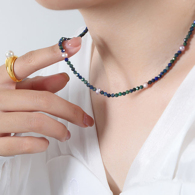 Natural faceted phoenix lapis lazuli colored freshwater pearl beaded handmade necklace feminine temperament west queen clavicle chain