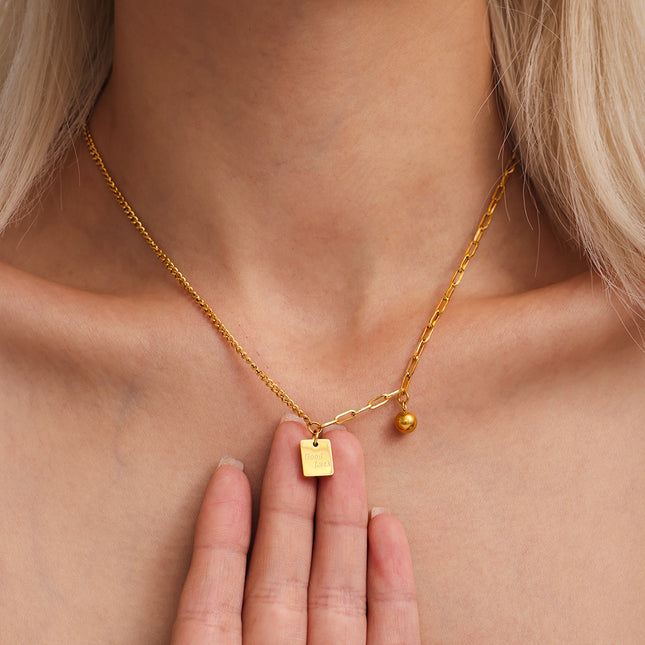 Mystery Li, square brand letter, Good Luck stitched chain, light luxury necklace, stainless steel, color-retaining clavicle necklace tide