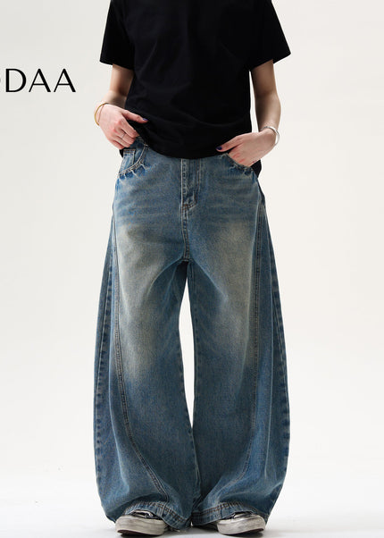 Vintage Washed Pleated Baggy Wide Leg Jeans for Men and Women - S / Mid Blue - Men’s Jeans