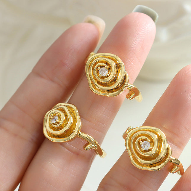 Cross-border hot-selling retro distressed temperament personality rose copper ring inlaid with zircon ring hand jewelry