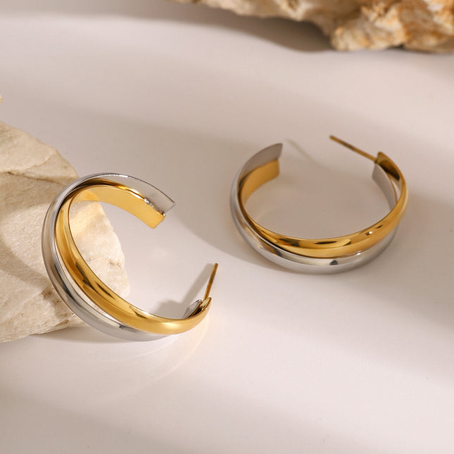 Jieding European and American stainless steel, gold and silver, color-blocked, C-shaped winding studs, high-end personality, temperament earrings, cross-border jewelry