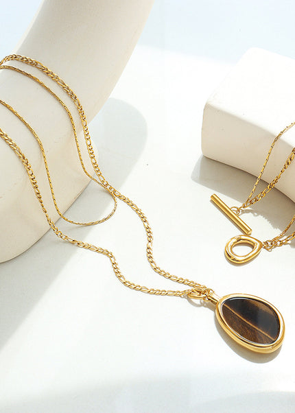 Natural Tiger's Eye Double Necklace Temperament Cold Wind European and American Personality Exaggerated Titanium Steel Gold Plated Sweater Chain Accessories Women