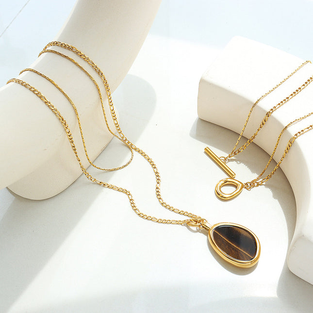 Natural Tiger's Eye Double Necklace Temperament Cold Wind European and American Personality Exaggerated Titanium Steel Gold Plated Sweater Chain Accessories Women