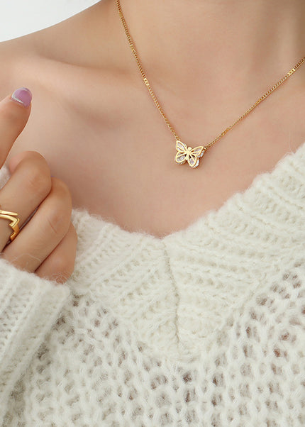 European and American ins style light luxury fashion all-match butterfly zircon necklace titanium steel plated 18K real gold fashion collarbone necklace