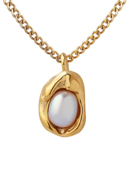 European and American titanium steel gold-plated fashion Cuban chain niche design natural freshwater pearl inlaid special-shaped pendant necklace