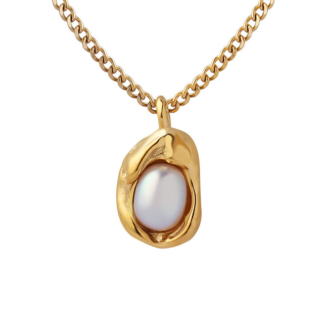 European and American titanium steel gold-plated fashion Cuban chain niche design natural freshwater pearl inlaid special-shaped pendant necklace