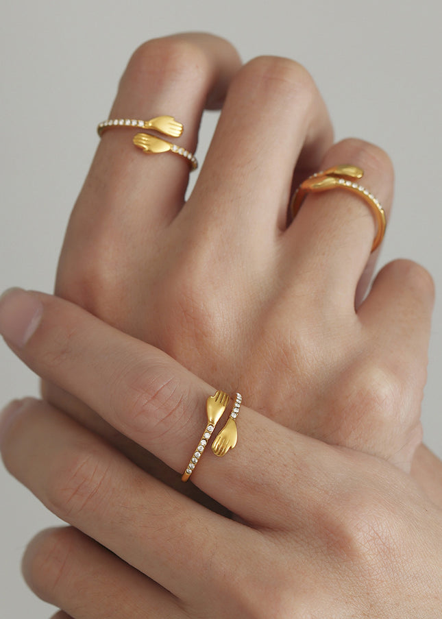 Mystery Liai's embrace zircon rings, European and American minimalist niche designs, open finger rings, stainless steel, real gold plated jewelry