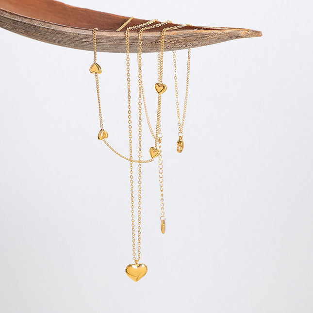 Japanese and Korean love peach heart double-layer chain simple titanium steel wholesale jewelry does not fade girls niche necklace clavicle chain