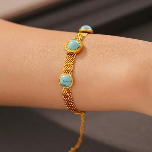European and American style new wide-face mesh medallion turquoise bracelet retro personality design titanium steel plated 18k gold jewelry