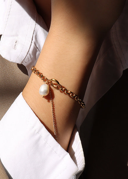 European and American style ins light luxury tassel bracelet, baroque freshwater pearl hand ornament, female titanium steel plated with 18K gold, personality and versatile