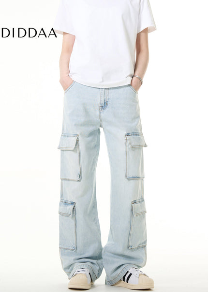 Light Blue Vintage Multi Pocket Cargo Jeans - Men’s Jeans