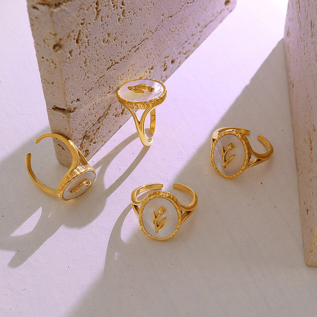 French trend ins cold wind copper material white sea shell open ring niche light luxury temperament hand ornament A316