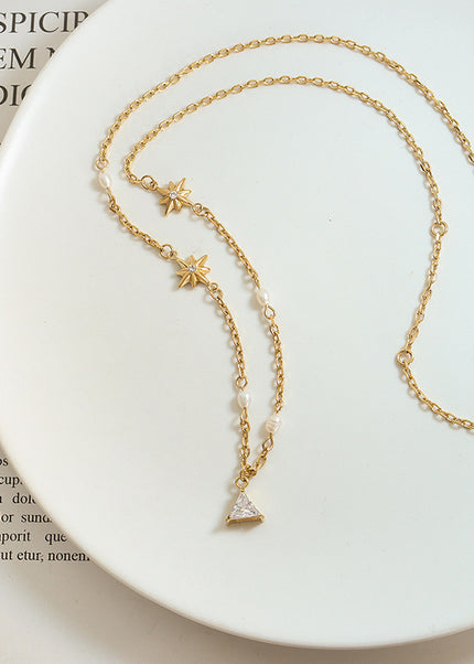 Korean tide geometric Mangxing triangle pendant necklace inlaid with zircon freshwater pearl stitched chain personalized jewelry
