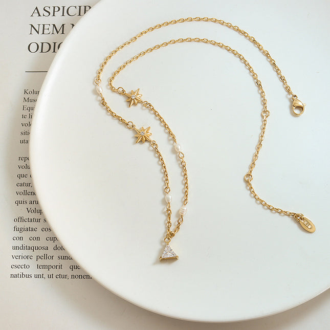 Korean tide geometric Mangxing triangle pendant necklace inlaid with zircon freshwater pearl stitched chain personalized jewelry