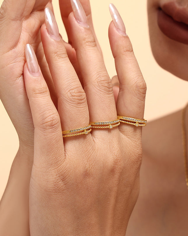 Niche ins-style ring with double cast opening 3A super flash zircon ring titanium steel plated 18k gold adjustable ring