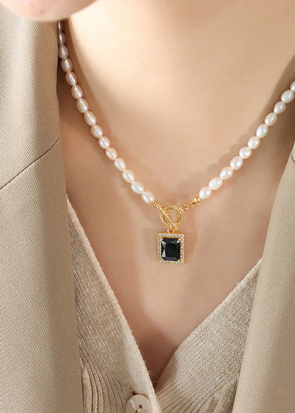 Natural freshwater pearls do not fade luster necklace heavy industry black zircon pendant OT clasp clavicle chain gold-plated jewelry