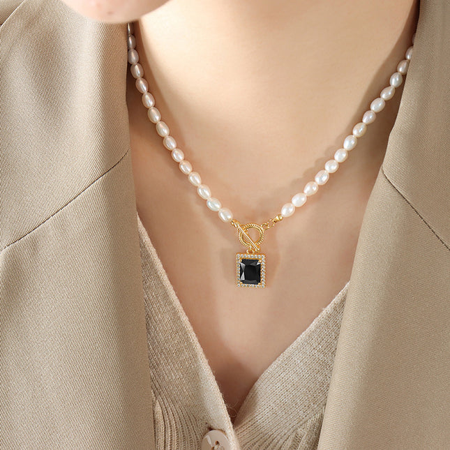 Natural freshwater pearls do not fade luster necklace heavy industry black zircon pendant OT clasp clavicle chain gold-plated jewelry