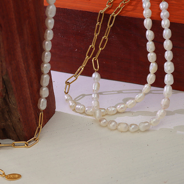 French style fashion versatile necklace freshwater pearl stitching necklace women's titanium steel plated 18K real gold clavicle chain P582
