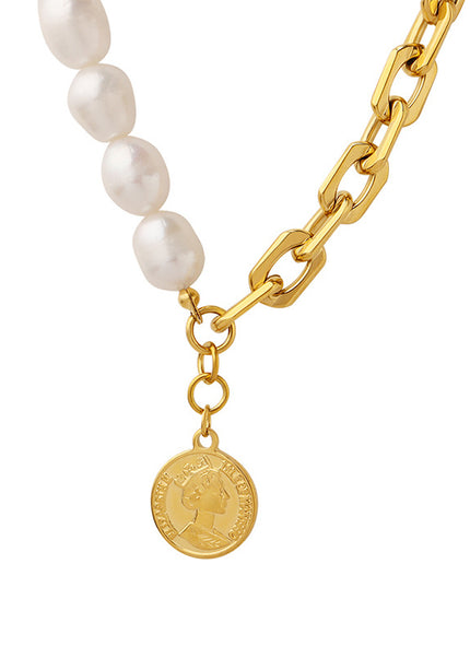 European and American hip-hop does not fade personality, double-sided can be worn freshwater pearl stitching titanium steel thick chain necklace non-fading jewelry
