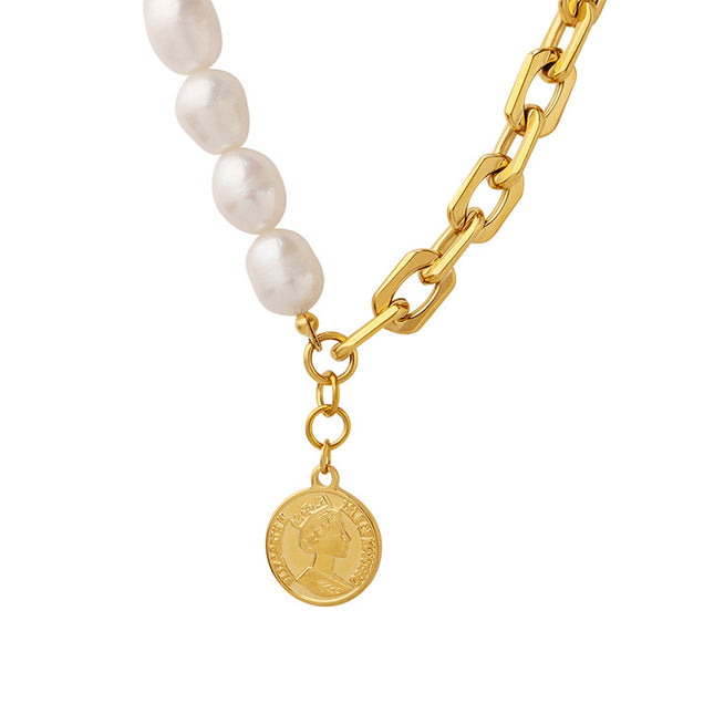 European and American hip-hop does not fade personality, double-sided can be worn freshwater pearl stitching titanium steel thick chain necklace non-fading jewelry