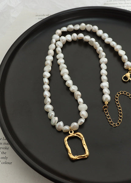 French non-fading, irregular oval, freshwater pearl chain, titanium steel, personality, geometric clavicle necklace, ornaments, women