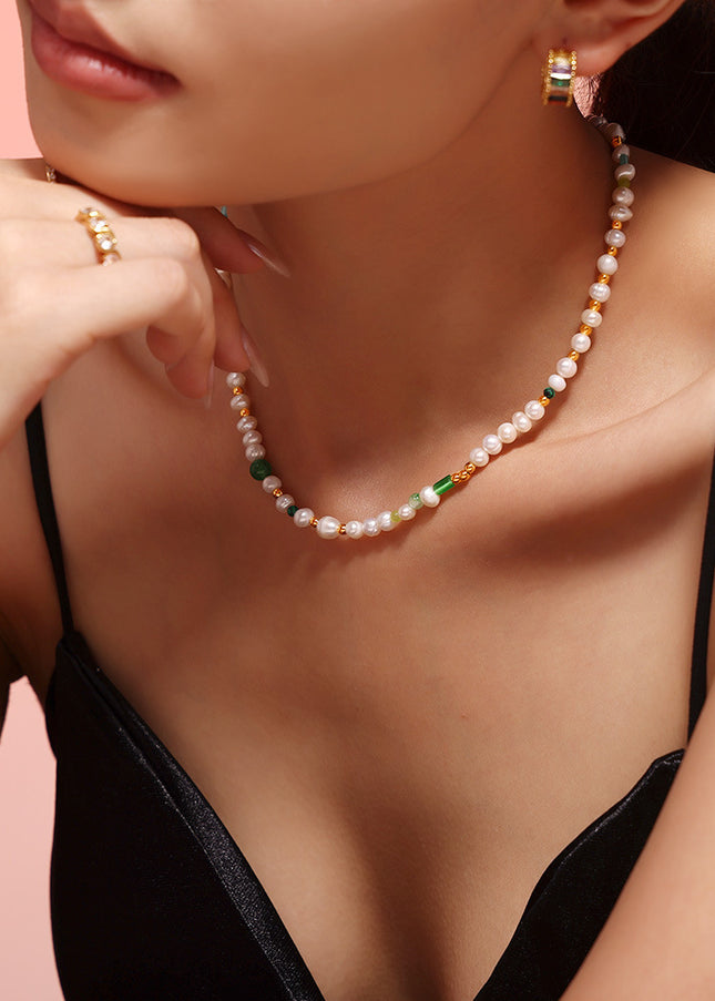 Natural freshwater pearl OT buckle delicate beaded necklace light luxury titanium steel clavicle chain versatile necklace girlfriend gifts