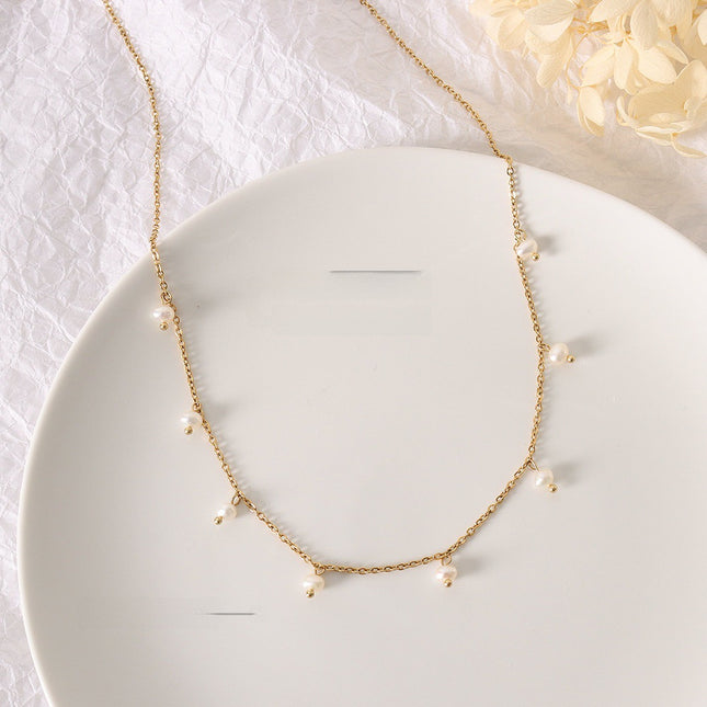 Natural niche versatile retro style jewelry, titanium steel plated 18k real gold freshwater pearl loose bead necklace, female clavicle chain