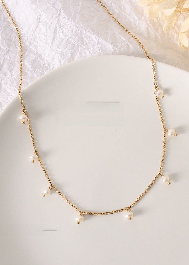 Natural niche versatile retro style jewelry, titanium steel plated 18k real gold freshwater pearl loose bead necklace, female clavicle chain