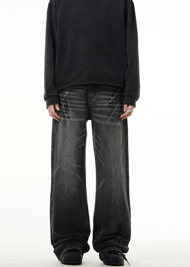 Light Blue Lightning Burst Crack Wash Straight Jeans - Men’s Jeans