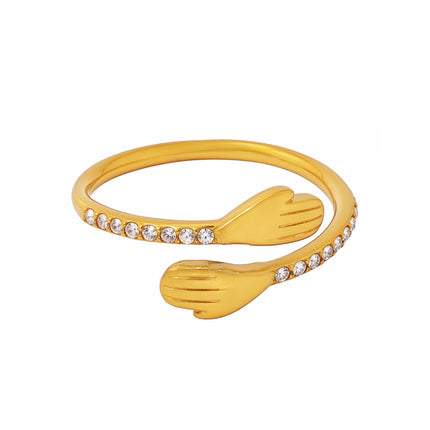 Mystery Liai's embrace zircon rings, European and American minimalist niche designs, open finger rings, stainless steel, real gold plated jewelry