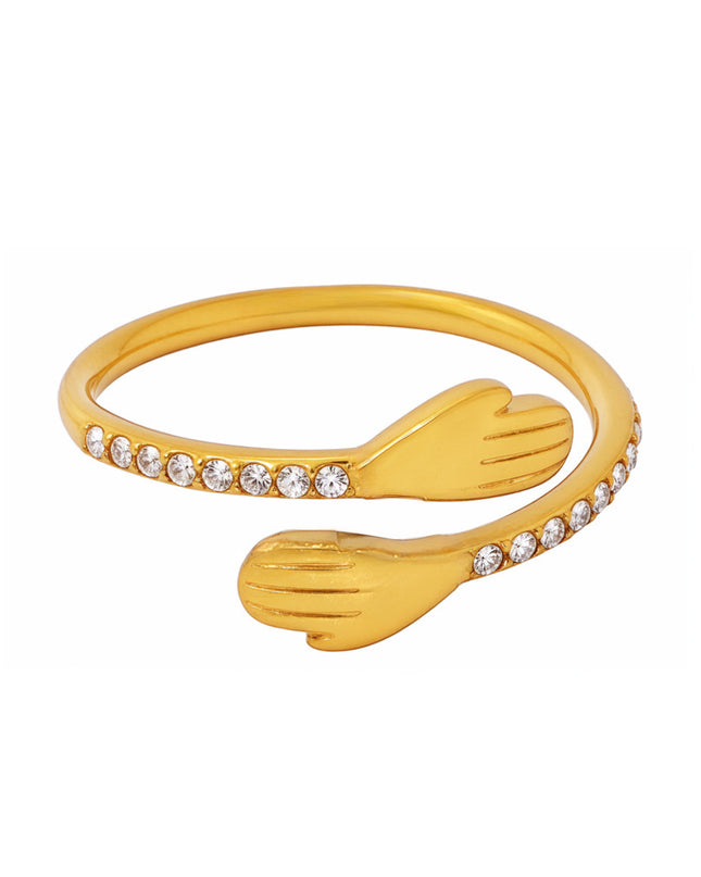 Mystery Liai's embrace zircon rings, European and American minimalist niche designs, open finger rings, stainless steel, real gold plated jewelry
