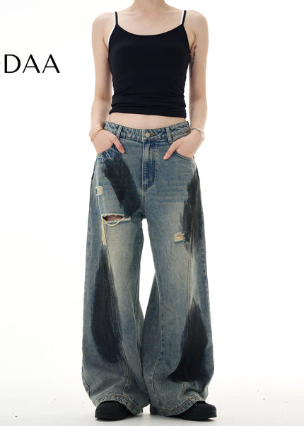 Blue Ripped Loose Fit Wide Leg Versatile Jeans - S / Mid Blue - Men’s Jeans