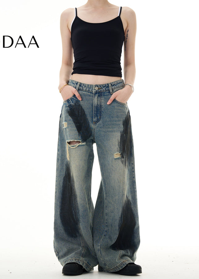 Blue Ripped Loose Fit Wide Leg Versatile Jeans - S / Mid Blue - Men’s Jeans