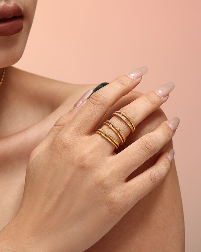 Niche ins-style ring with double cast opening 3A super flash zircon ring titanium steel plated 18k gold adjustable ring