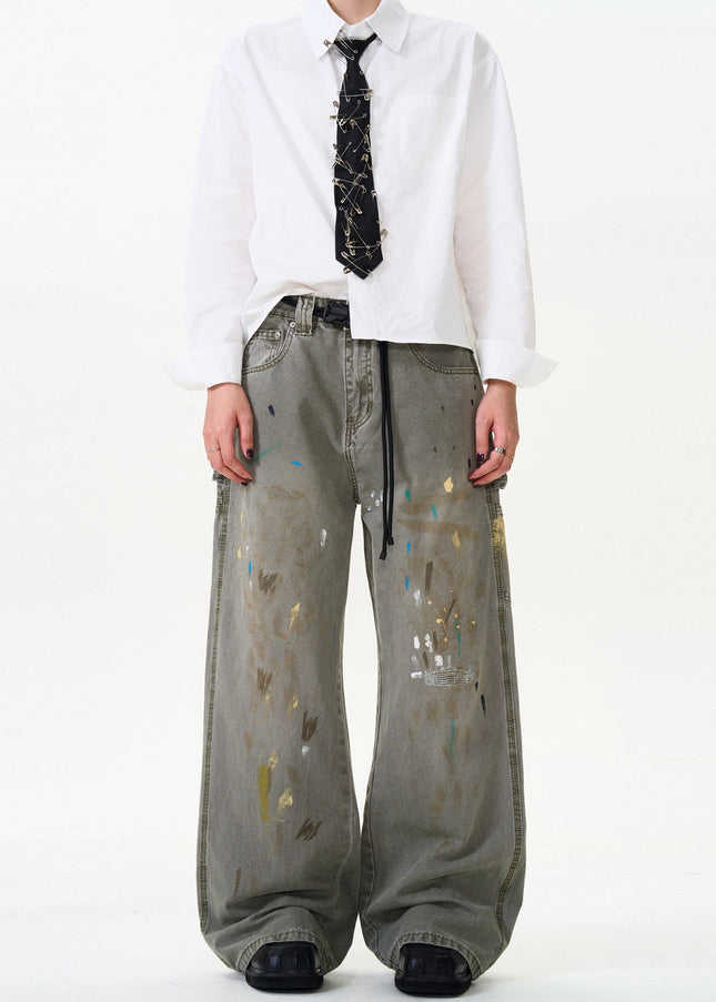 Blue Distressed Loose Fit Splash Ink Jeans - Men’s Jeans