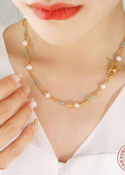 Exquisite art does not fade accessories aventurine stone freshwater pearl OT clasp design necklace French style ins jewelry