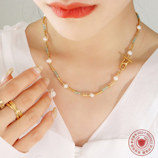 Exquisite art does not fade accessories aventurine stone freshwater pearl OT clasp design necklace French style ins jewelry