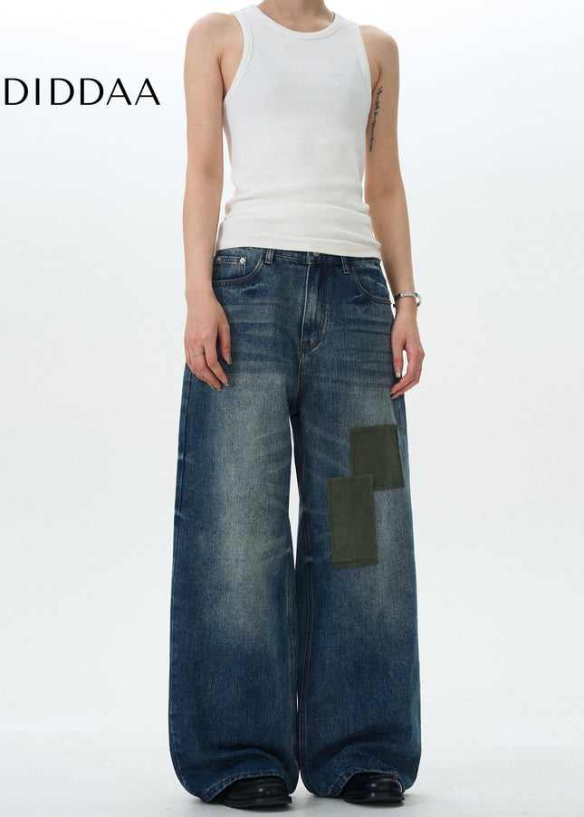Blue Patch Wash Loose Fit Jeans for Men and Women - Men’s Jeans