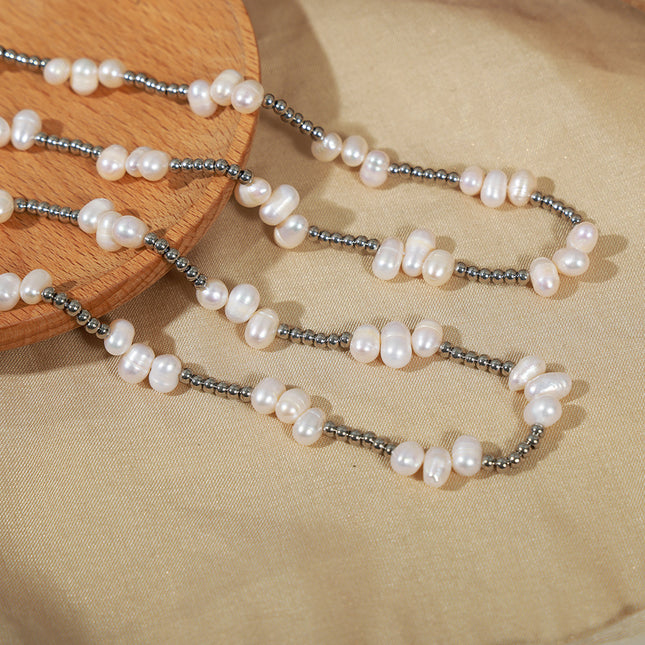 European and American new personality fashion simple natural baroque freshwater pearl titanium steel beads handmade beaded necklace jewelry