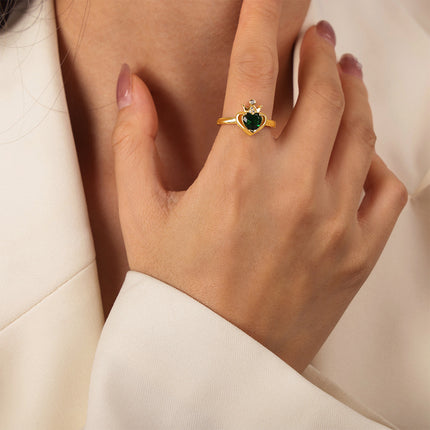 French new light luxury fashion versatile copper material heart zircon crown open ring jewelry retro personality women