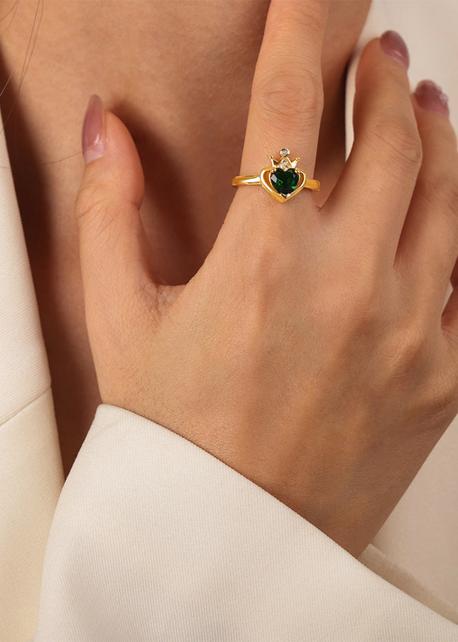 French new light luxury fashion versatile copper material heart zircon crown open ring jewelry retro personality women