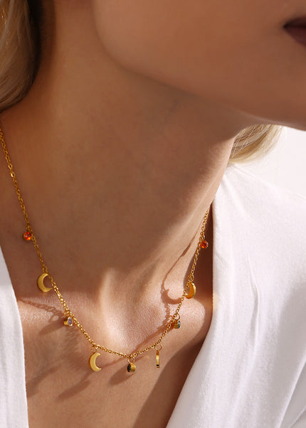 Mysterie multicolor rhinestone tassel moon clavicle necklace plated 18K real gold stainless steel niche new wild accessories