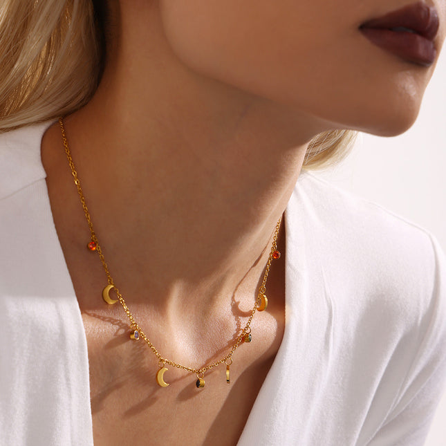 Mysterie multicolor rhinestone tassel moon clavicle necklace plated 18K real gold stainless steel niche new wild accessories